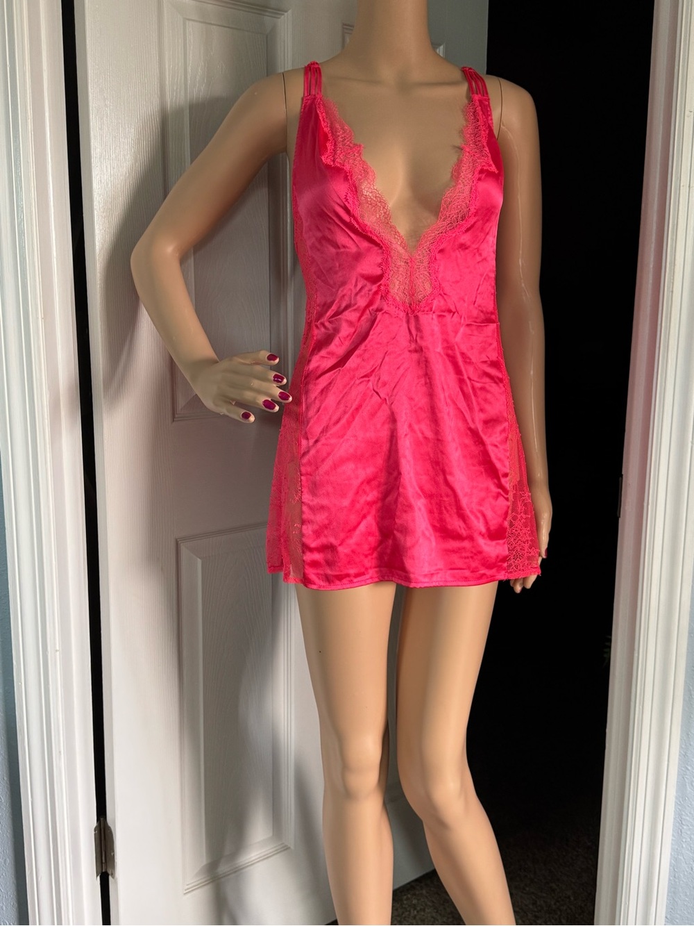 Victoria's Secret Hot Pink Satin Lace Chemise